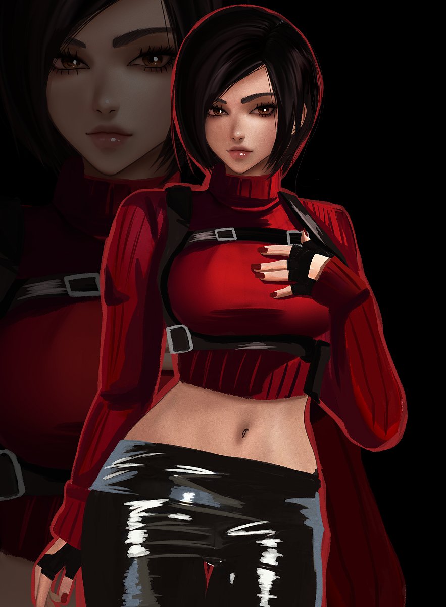 1girl, ada_wong, belt_buckle, black_hair, black_pants, buckle, fingerless_gloves, gloves