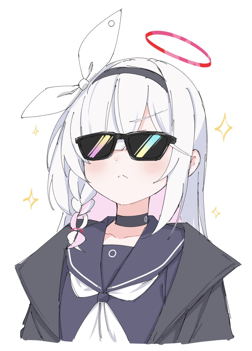 1girl, :<, a.r.o.n.a_(blue_archive), black_choker, black_coat, black_hairband, black_sailor_collar, black_serafuku