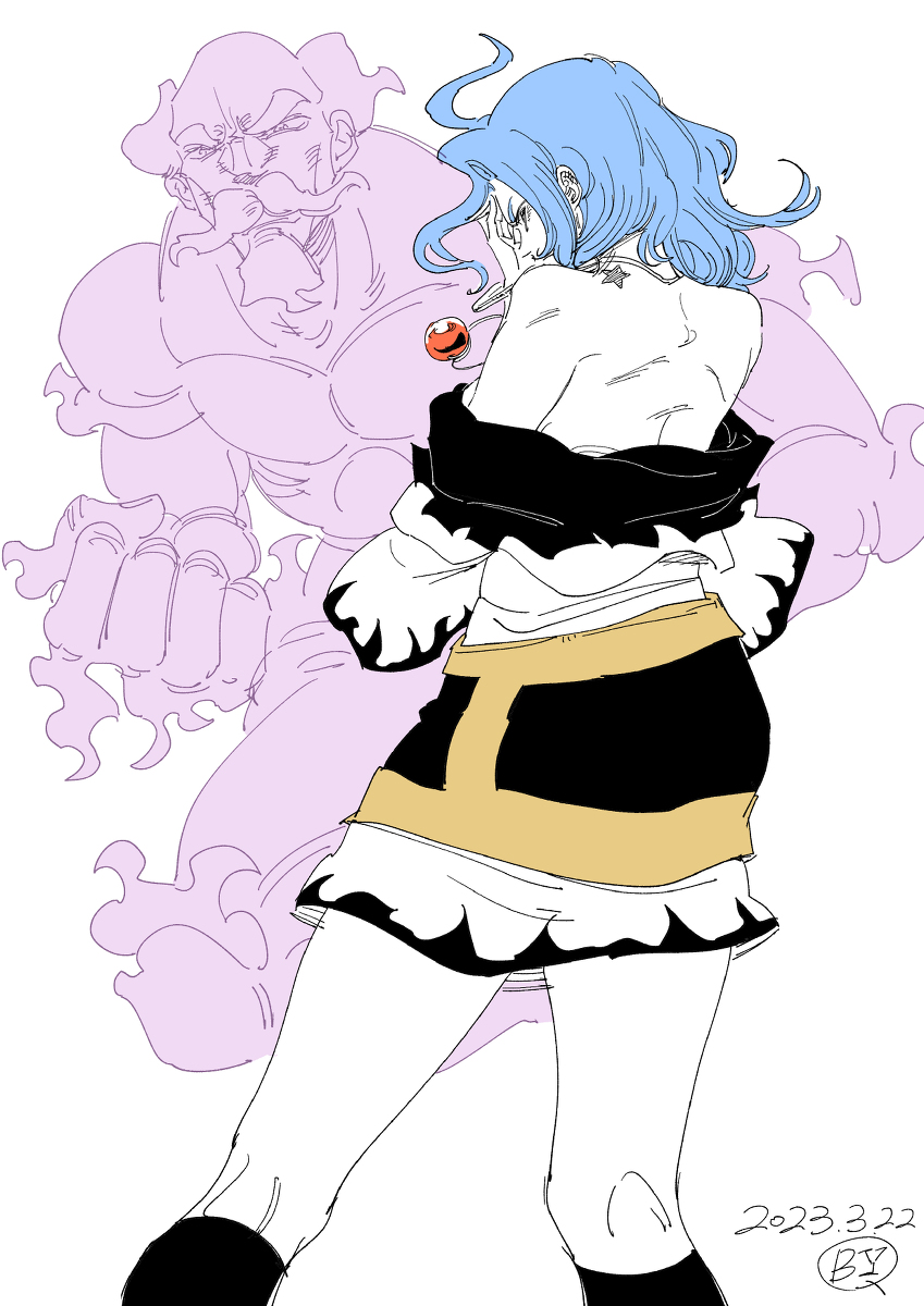 1boy, 1girl, birthmark, blue_hair, clouds, comrade_bai_yangqi, dio_brando's_pose_(jojo), dress, highres, jewelry, joestar_birthmark, jojo_no_kimyou_na_bouken, jojo_pose, kumoi_ichirin, long_sleeves, partially_colored, shirt_down, short_hair, touhou, unzan