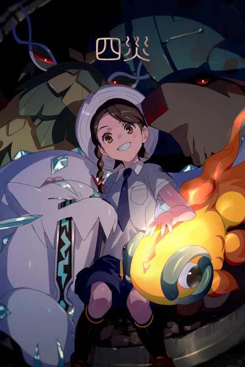1girl, black_socks, braid, breast_pocket, brown_eyes, brown_hair, chi-yu_(pokemon), chien-pao