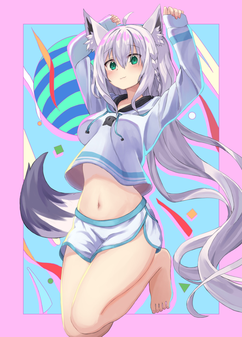 1girl, :3, absurdres, ahoge, animal_ear_fluff, animal_ears, arms_up, bare_legs