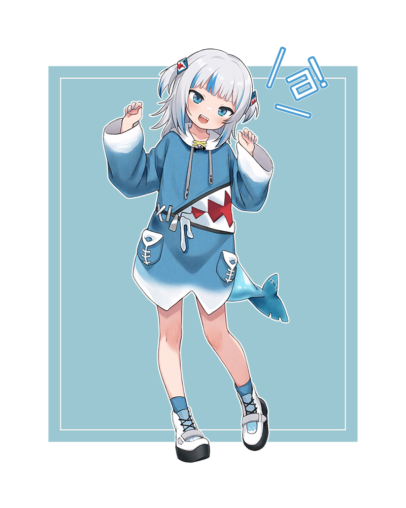 1girl, :d, a_(phrase), animal_costume, animal_hood, blue_background, blue_eyes, blue_hair