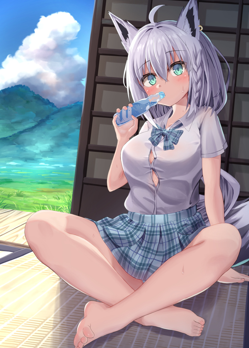 1girl, absurdres, ahoge, animal_ear_fluff, animal_ears, architecture, arm_support, bare_legs, barefoot, black_fur, blue_skirt, blue_sky, blush, braid, breasts, collared_shirt, commentary_request, drinking, ear_piercing, east_asian_architecture, expressionless, feet, fox_ears, fox_girl, fox_tail, full_body, green_eyes, hair_between_eyes, hand_up, head_tilt, highres, hololive, indian_style, kajitsu_no_hito, large_breasts, legs, long_hair, looking_at_viewer, miniskirt, mountainous_horizon, outdoors, panties, panty_peek, piercing, plaid, plaid_skirt, pleated_skirt, ramune, school_uniform, shirakami_fubuki, shirt, short_sleeves, sidelocks, single_braid, sitting, skirt, sky, solo, sweat, tail, tatami, toenails, toes, underwear, very_long_hair, virtual_youtuber, white_hair, white_shirt