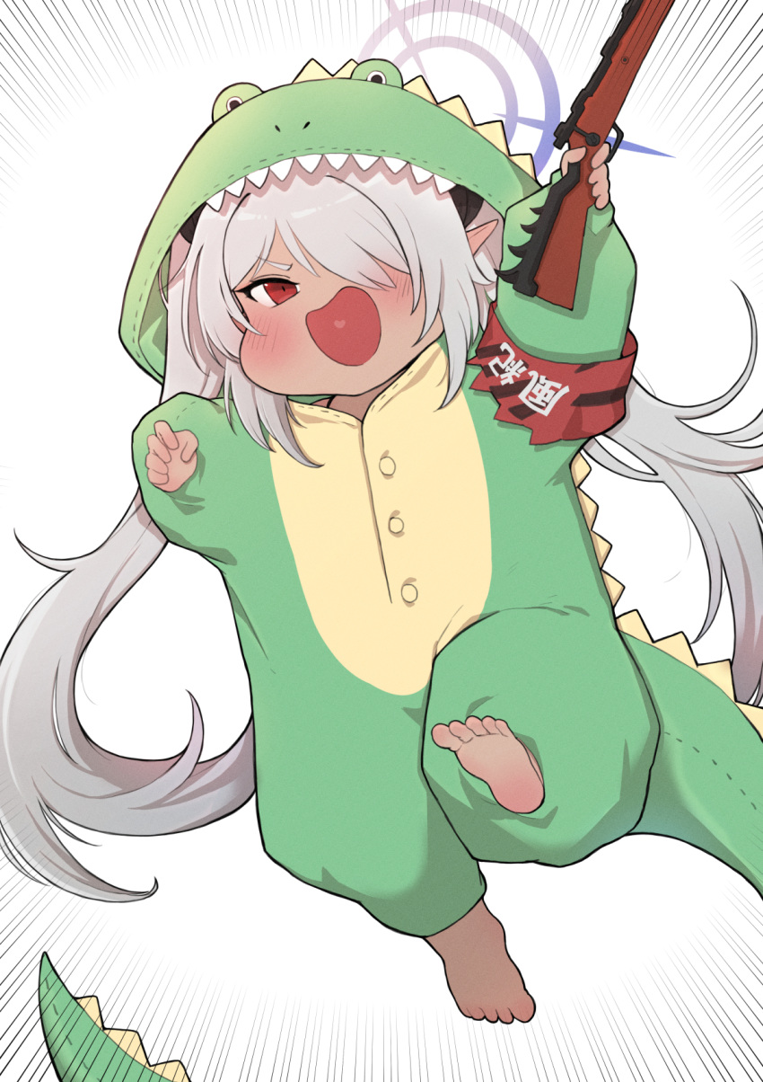 1girl, :d, alternate_costume, armband, barefoot, blue_archive, bolt_action, chibi, commentary_request, crocodile_costume, dark_skin, full_body, grey_hair, gun, hair_over_one_eye, hair_ribbon, halo, highres, holding, holding_gun, holding_weapon, iori_(blue_archive), jumping, long_hair, long_sleeves, looking_at_viewer, mauser_98, pointy_ears, puffy_cheeks, red_eyes, ribbon, rifle, sidelocks, simple_background, smile, soles, solo, toes, twintails, v-shaped_eyebrows, very_long_hair, weapon, yosik