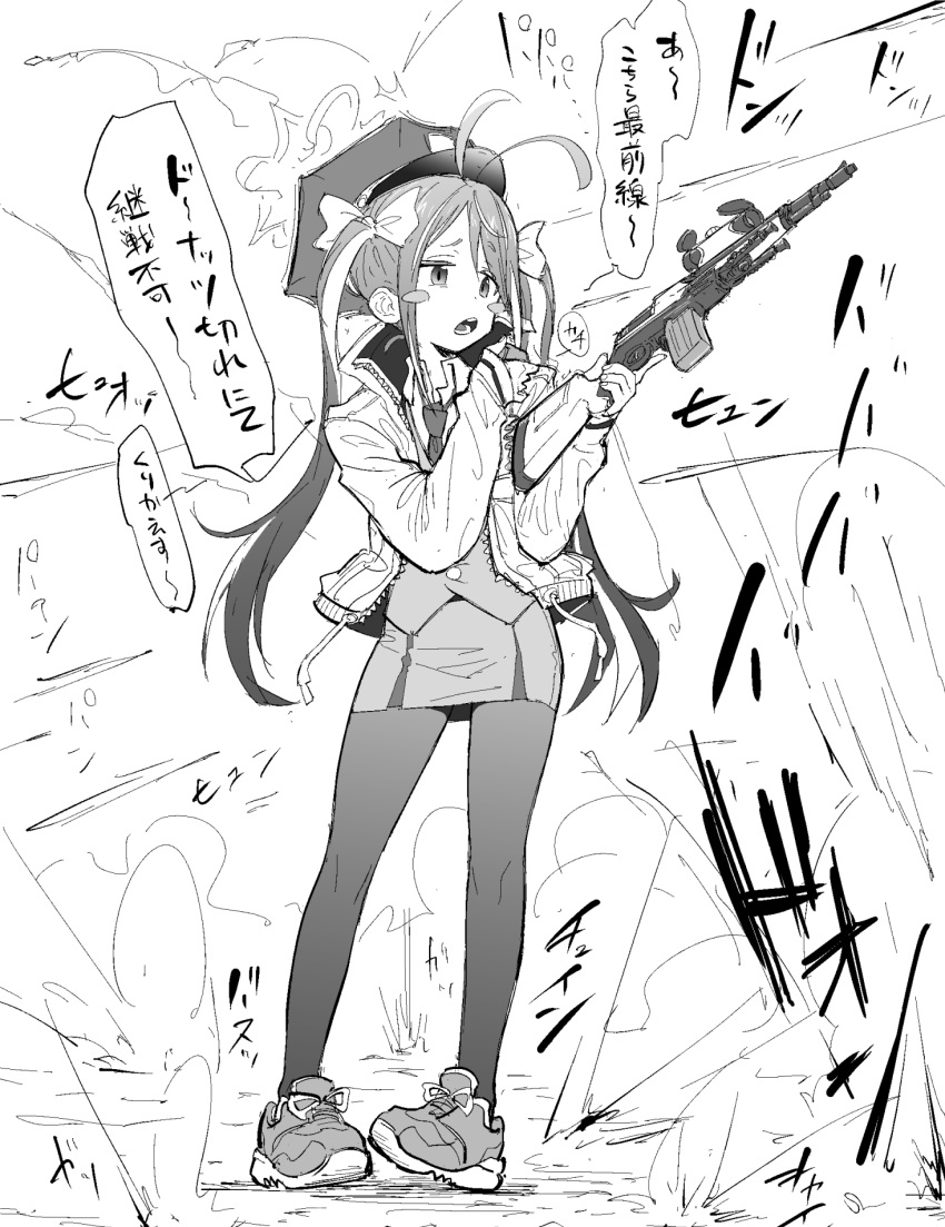 1girl, abonnu_(adooonnu), ahoge, blue_archive, blush_stickers, firing, fubuki_(blue_archive), greyscale