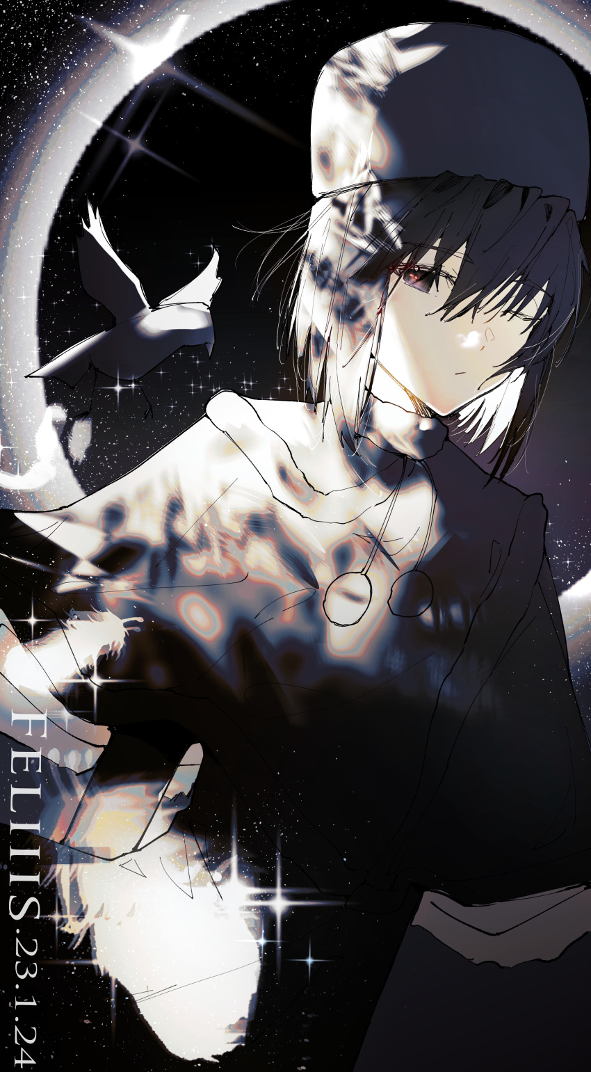 1girl, absurdres, black_dress, black_eyes, black_hair, black_headwear, capelet, commentary_request