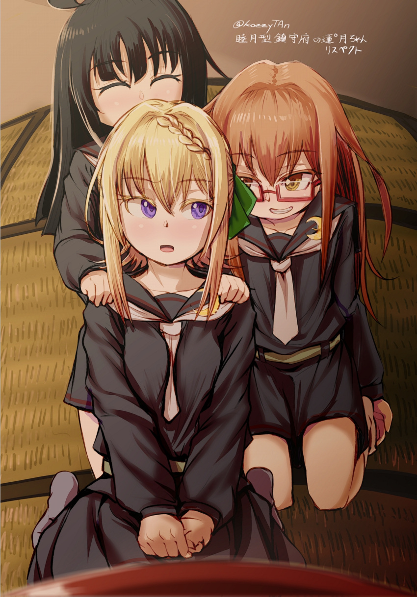 3girls, ahoge, black_hair, black_serafuku, black_shirt, black_skirt, blonde_hair, braid