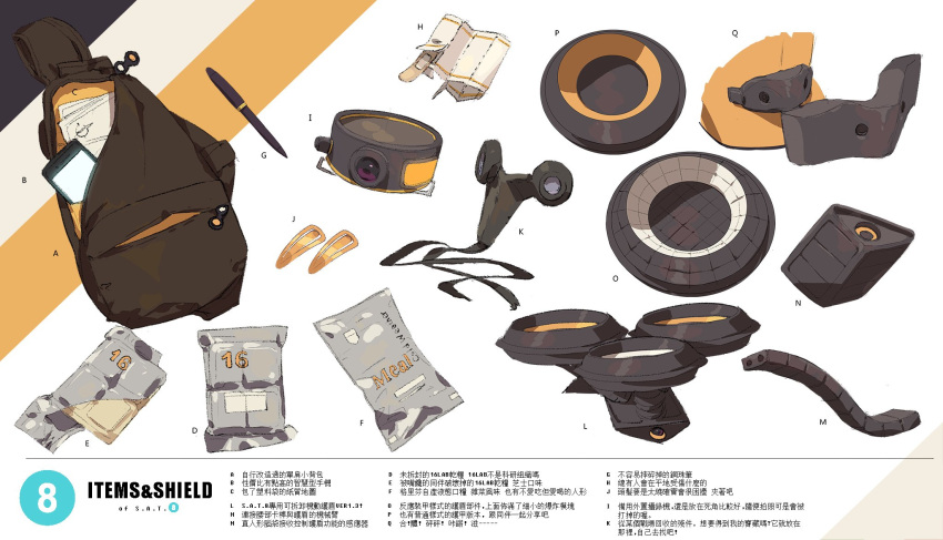 backpack, bag, bandaid, brown_bag, cellphone, character_name, chinese_commentary, chinese_text, commentary_request, concept_art, equipment_layout, field_ration, girls_frontline, hair_ornament, hairclip, highres, multiple_views, nin_(lion), no_humans, object_request, official_art, paper, pen, phone, reference_sheet, s.a.t.8_(girls'_frontline), shield, smartphone, translation_request, white_background