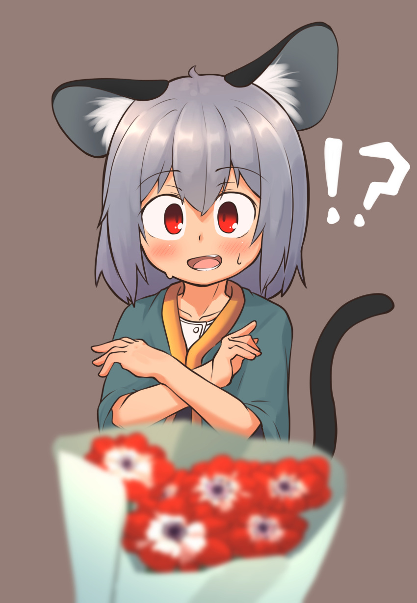 !, 1girl, ?, absurdres, animal_ears, collarbone, crossed_arms, flower