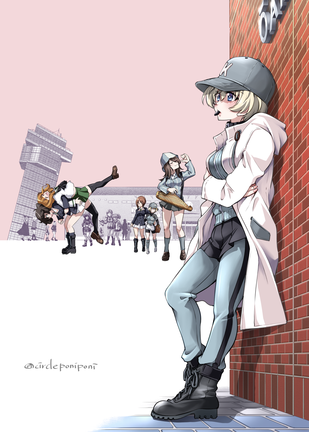 6+girls, akiyama_yukari, alisa_(girls_und_panzer), anchovy_(girls_und_panzer), baseball_cap, belle_(girls_und_panzer), bike_shorts, bike_shorts_under_shorts