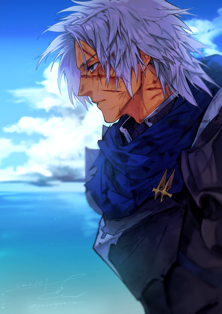 1boy, alphen_(tales), armor, blue_scarf, blue_sky, clouds, commentary_request, dark-skinned_male