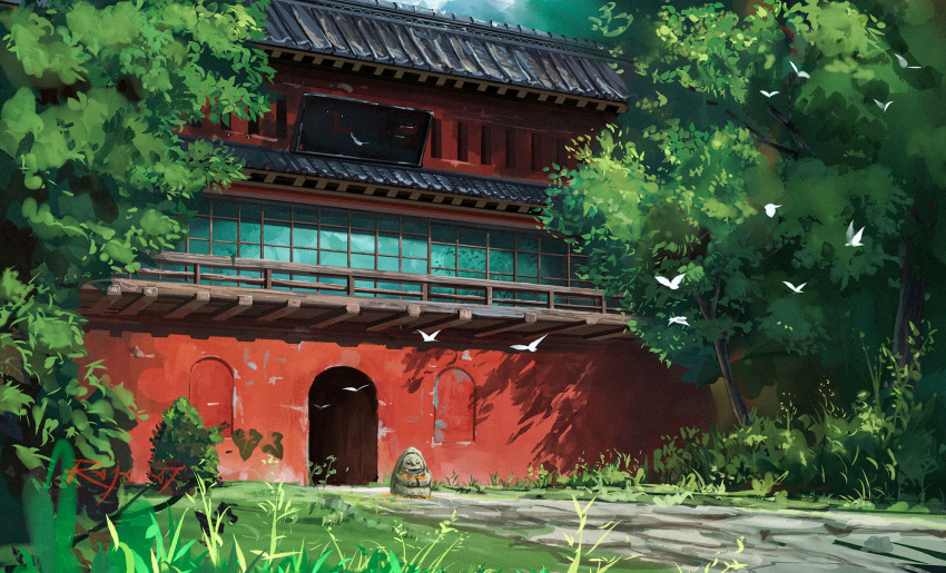 architecture, artist_name, bird, building, east_asian_architecture, grass, highres, no_humans