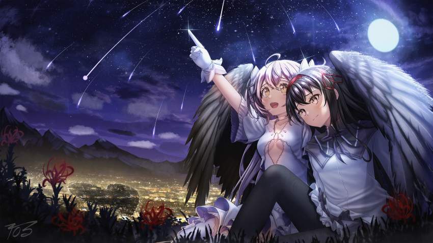 2_ru, 2girls, absurdres, akemi_homura, city, flower, goddess_madoka, highres, kaname_madoka, long_hair, magia_record:_mahou_shoujo_madoka_magica_gaiden, mahou_shoujo_madoka_magica, mahou_shoujo_madoka_magica:_hangyaku_no_monogatari, moon, multiple_girls, night, pointing, shooting_star, spider_lily, star_(sky), very_long_hair, wings
