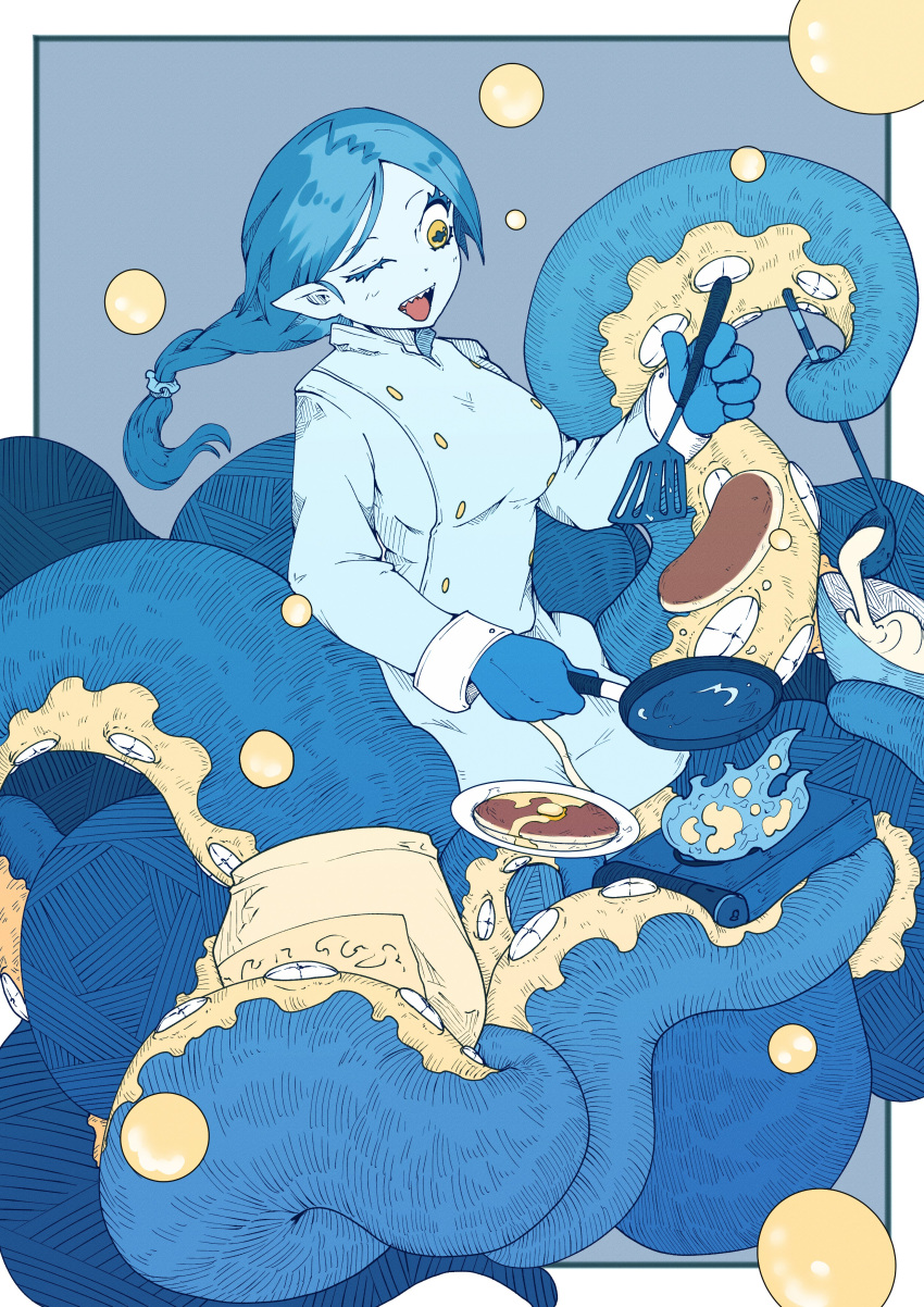 1girl, absurdres, blue_background, blue_hair, blue_pupils, blue_skin, breasts, bubble, chef, colored_skin, cooking, fire, flour, food, frying_pan, full_body, hand_up, highres, hkdd99, holding, holding_frying_pan, holding_ladle, holding_sack, holding_spatula, ladle, long_hair, long_sleeves, looking_at_food, looking_at_object, low-tied_long_hair, medium_breasts, monster_girl, one_eye_closed, open_mouth, original, pancake, pointy_ears, portable_stove, sack, scylla, sharp_teeth, simple_background, solo, spatula, suction_cups, symbol-shaped_pupils, teeth, tentacles, tongue, tongue_out, uniform, yellow_eyes