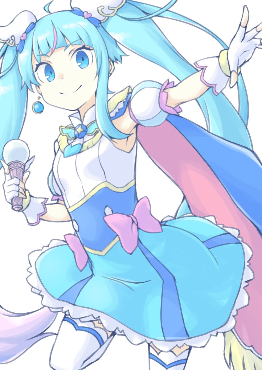 1girl, ahoge, akara_kai, arm_up, blue_eyes, blue_hair, blue_skirt, bow