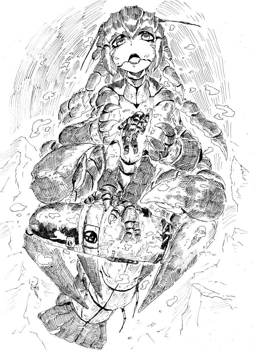 1girl, 1other, absurdres, antennae, arthropod_girl, arthropod_limbs, claws, diving_helmet