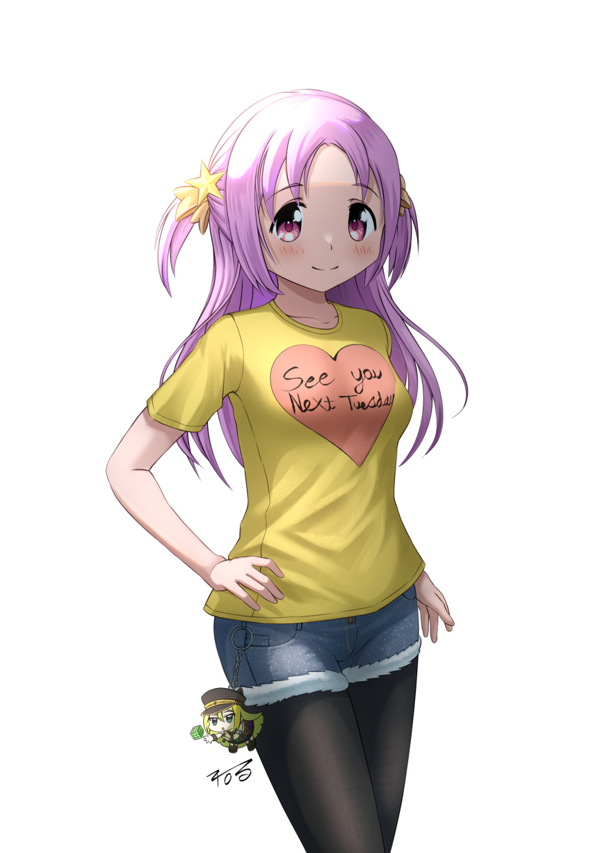 1girl, 2_ru, alina_gray, denim, denim_shorts, hair_ornament, hand_on_hip, highres
