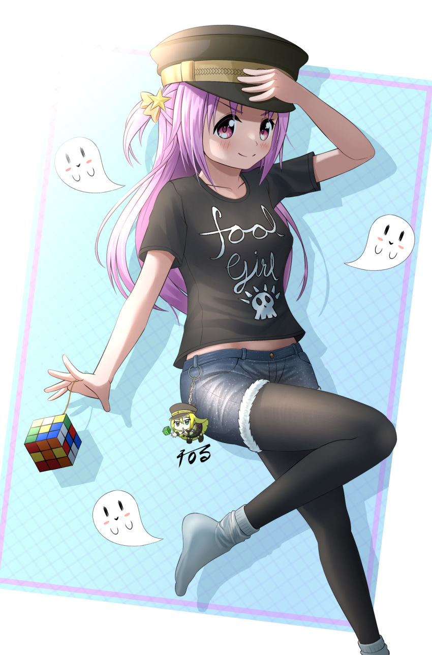 >:), 1girl, 2_ru, alina_gray, denim, denim_shorts, ghost, hair_ornament