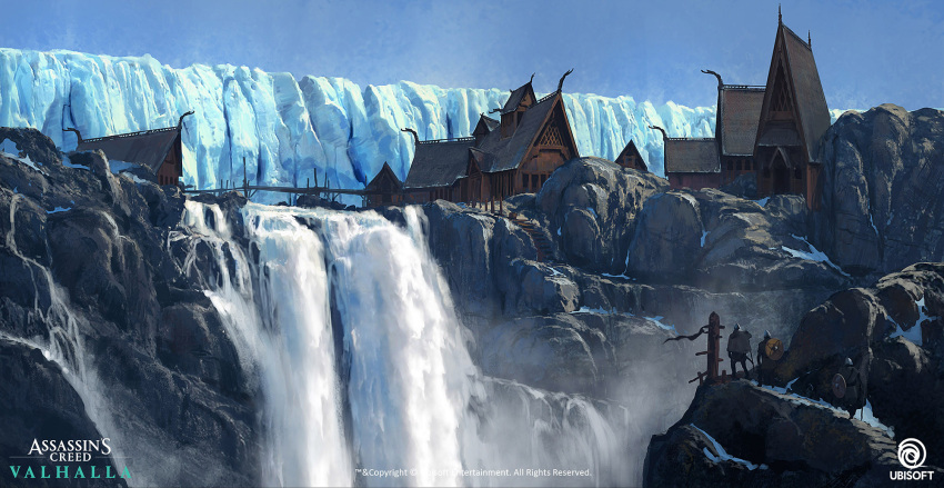 2boys, assassin's_creed:_valhalla, assassin's_creed_(series), blue_sky, building, company_name, concept_art, copyright_name, dechambo, english_text, european_architecture, highres, ice, multiple_boys, outdoors, rock, shield_on_back, sky, water, waterfall, watermark