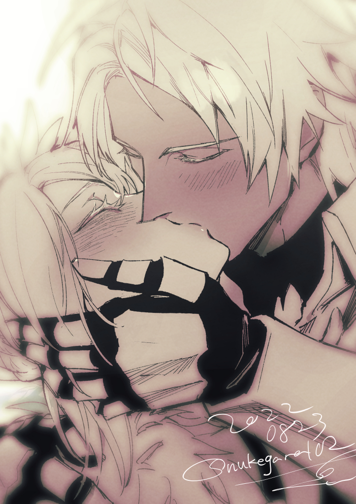 1boy, 1girl, alphen_(tales), close-up, closed_eyes, couple, dark-skinned_male, dark_skin, french_kiss, gloves, hetero, kiss, long_hair, monochrome, nukegara102, shionne_(tales), simple_background, solo, tales_of_(series), tales_of_arise