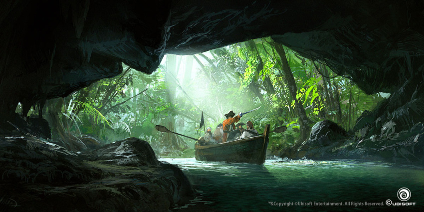 5boys, assassin's_creed_(series), assassin's_creed_iv:_black_flag, boat, cave, company_name, concept_art, dechambo, fern, holding, holding_oar, holding_sword, holding_weapon, multiple_boys, nature, oar, outdoors, sword, tree, water, watercraft, watermark, weapon