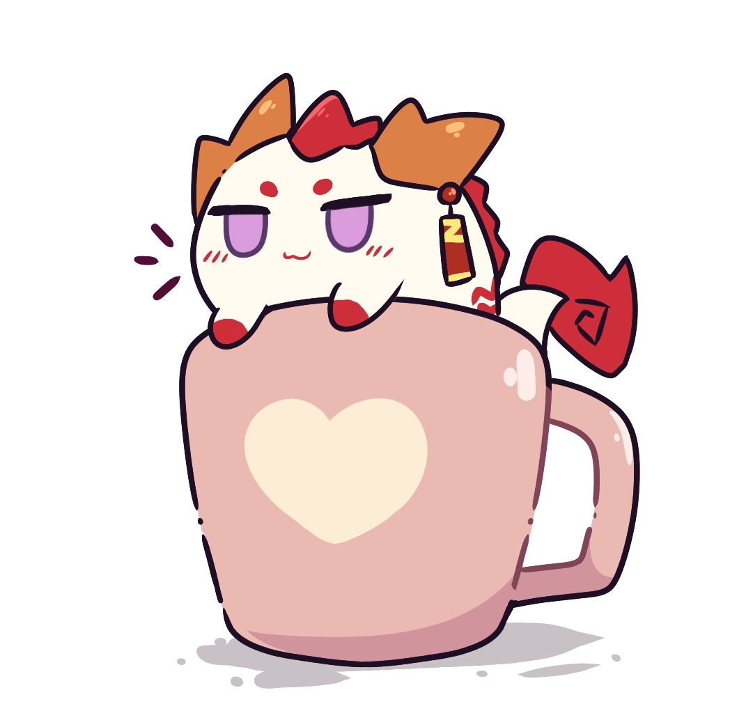 1girl, :3, arknights, blush, closed_mouth, cup, dragon_bubble_(arknights), full_body