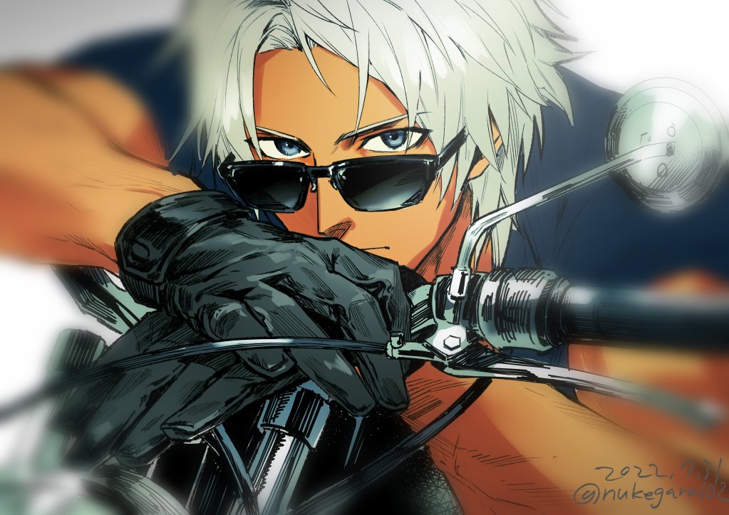 1boy, alphen_(tales), black_gloves, black_shirt, blue_eyes, close-up, commentary_request, contemporary