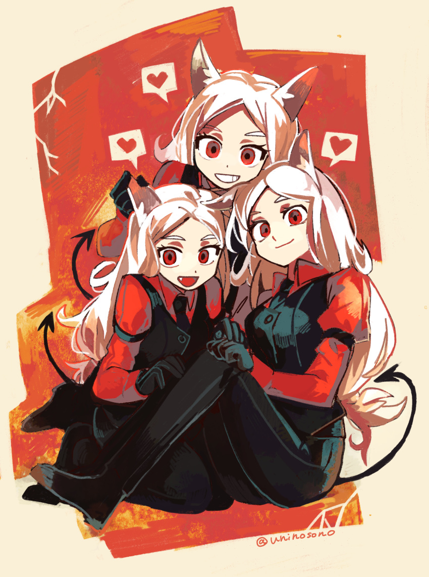 3girls, absurdres, animal_ears, black_footwear, black_gloves, black_necktie, black_pants, black_vest, cerberus_(helltaker), collared_shirt, demon_tail, dog_ears, full_body, gloves, grin, hand_on_another's_ear, hand_on_another's_hand, heart, helltaker, highres, long_hair, long_sleeves, looking_at_viewer, multiple_girls, necktie, open_mouth, pants, red_background, red_eyes, red_shirt, shirt, shoes, sitting, smile, spoken_heart, tail, twitter_username, uninosono, vest, white_hair
