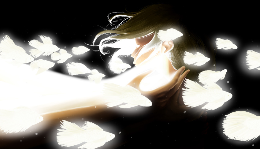 1girl, black_background, fish, floating, glowing, glowing_fish, hand_on_another's_head, hand_on_another's_shoulder