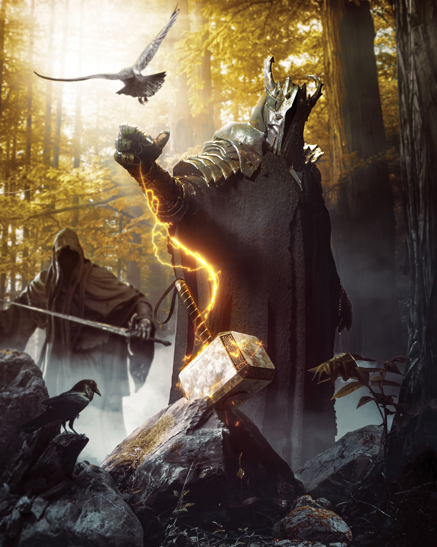2boys, absurdres, armor, bird, brown_robe, exolorian, forest, hammer, helmet, highres, holding, holding_sword, holding_weapon, hood, magic, mjolnir_(mythology), multiple_boys, nature, nazgul, outdoors, pauldrons, photoshop_(medium), robe, sauron, shoulder_armor, sword, the_lord_of_the_rings, tolkien's_legendarium, tree, weapon