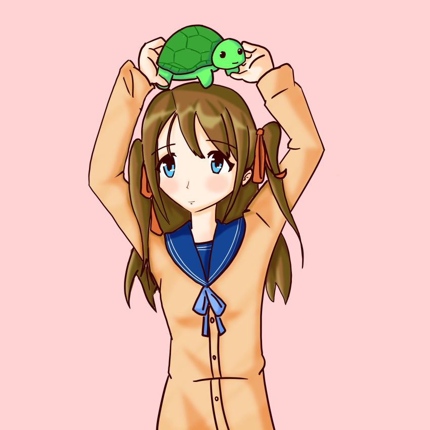blue_eyes, blue_ribbon, brown_hair, cardigan, commentary, english_commentary, hair_ribbon, highres