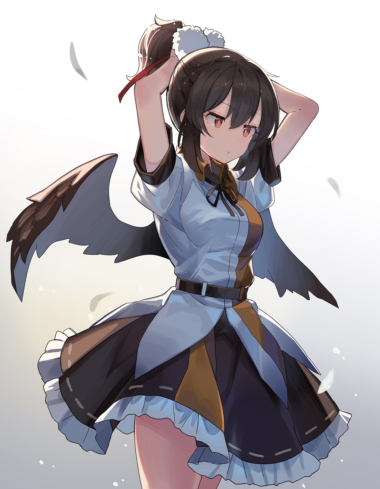 1girl, :o, alternate_hairstyle, belt, black_wings, breasts, brown_hair, commentary