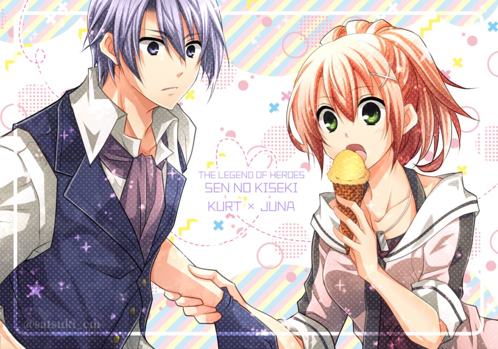 1boy, 1girl, brown_hair, dog_tags, eating, eiyuu_densetsu, food, gloves, green_eyes, holding, holding_another's_wrist, holding_food, ice_cream, ice_cream_cone, jacket, juna_crawford, kurt_vander, necktie, open_mouth, ponytail, purple_hair, satsuki_(chaosmode), sen_no_kiseki, sen_no_kiseki_iii, short_hair, violet_eyes