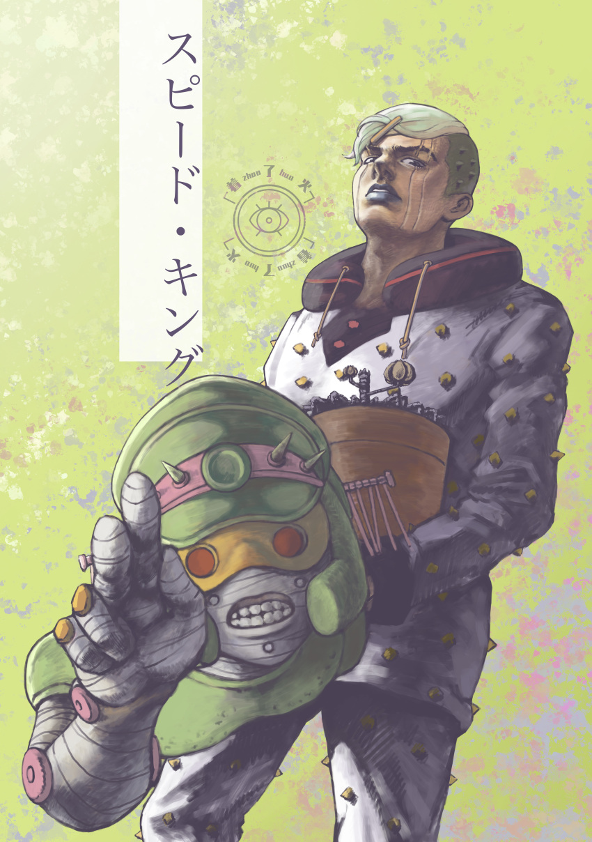 2boys, absurdres, bandaged_arm, bandages, blue_lips, bucket, character_name, clenched_teeth, facial_mark, green_hair, hair_ornament, hairclip, hat, higashikata_jobin, highres, hood, hoodie, jojo_no_kimyou_na_bouken, jojolion, male_focus, mammonmoney, military_hat, multiple_boys, speed_king, spikes, stand_(jojo), teeth, two-tone, undercut, watermark
