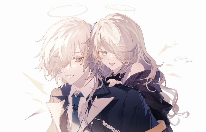 1boy, 1girl, :d, absurdres, arknights, black_jacket, blue_necktie, cecelia_(arknights)