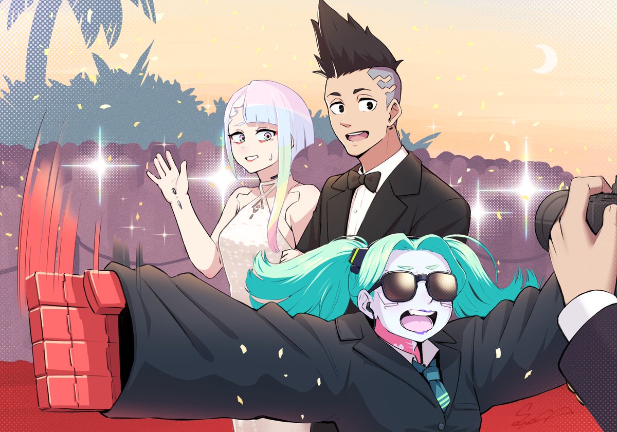 2boys, 2girls, alternate_costume, bodyguard, bow, bowtie, brown_hair, camera