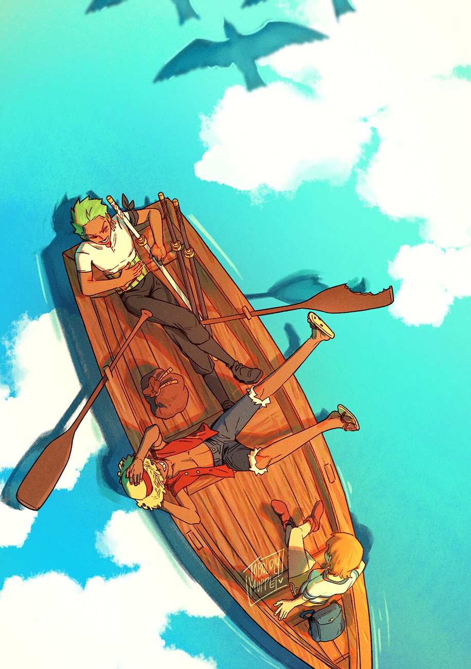 1girl, 2boys, bag, boat, crossed_legs, cutoffs, from_above, green_hair