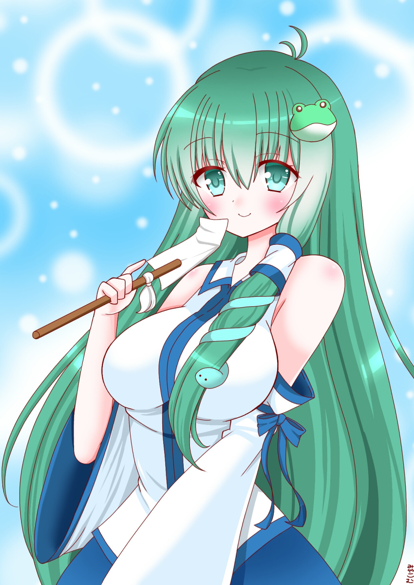1girl, aqua_eyes, blue_background, blush, breasts, detached_sleeves, frog_hair_ornament, green_eyes