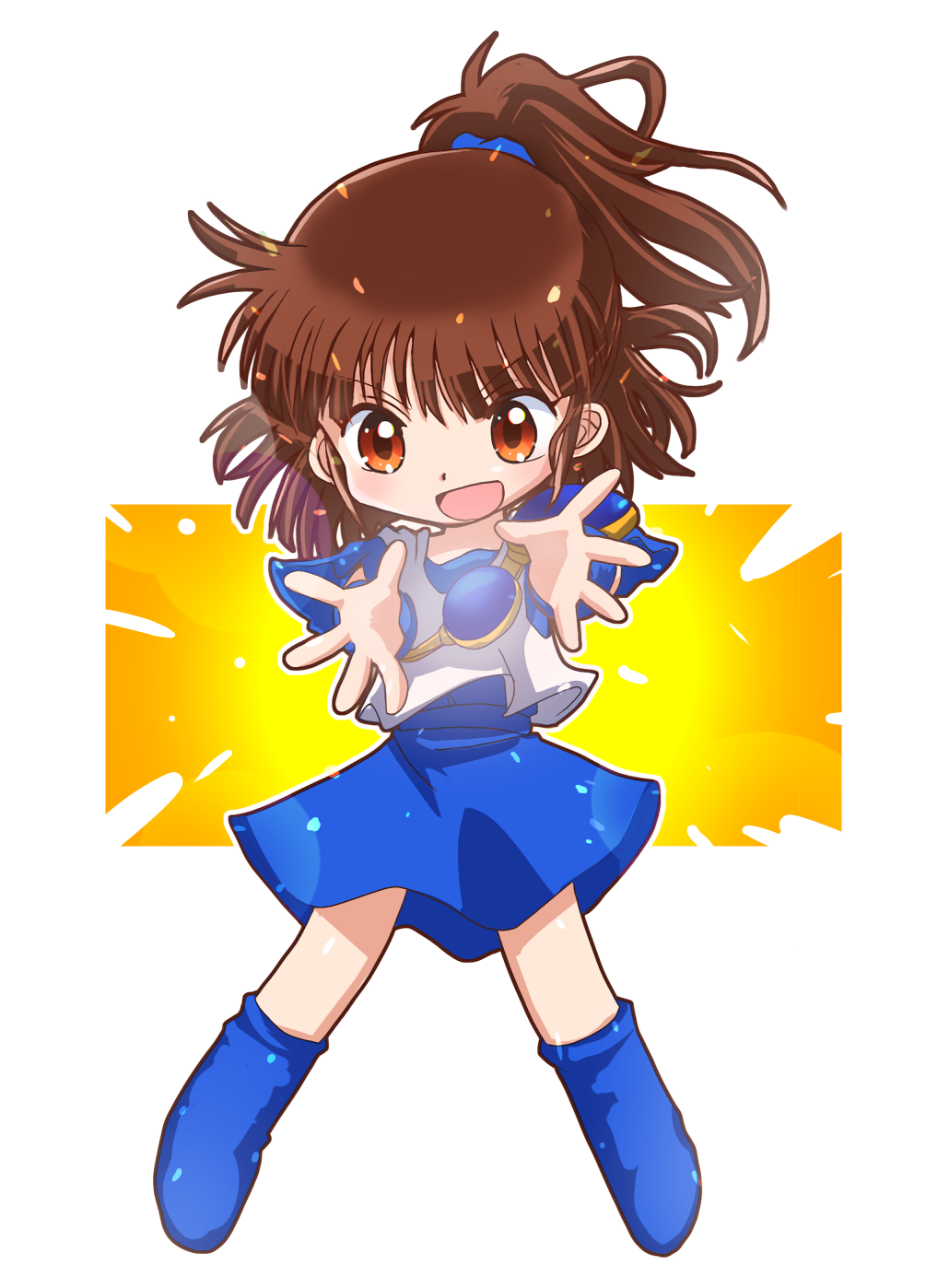 1girl, arle_nadja, blue_footwear, blue_skirt, brown_hair, chibi, full_body, highres