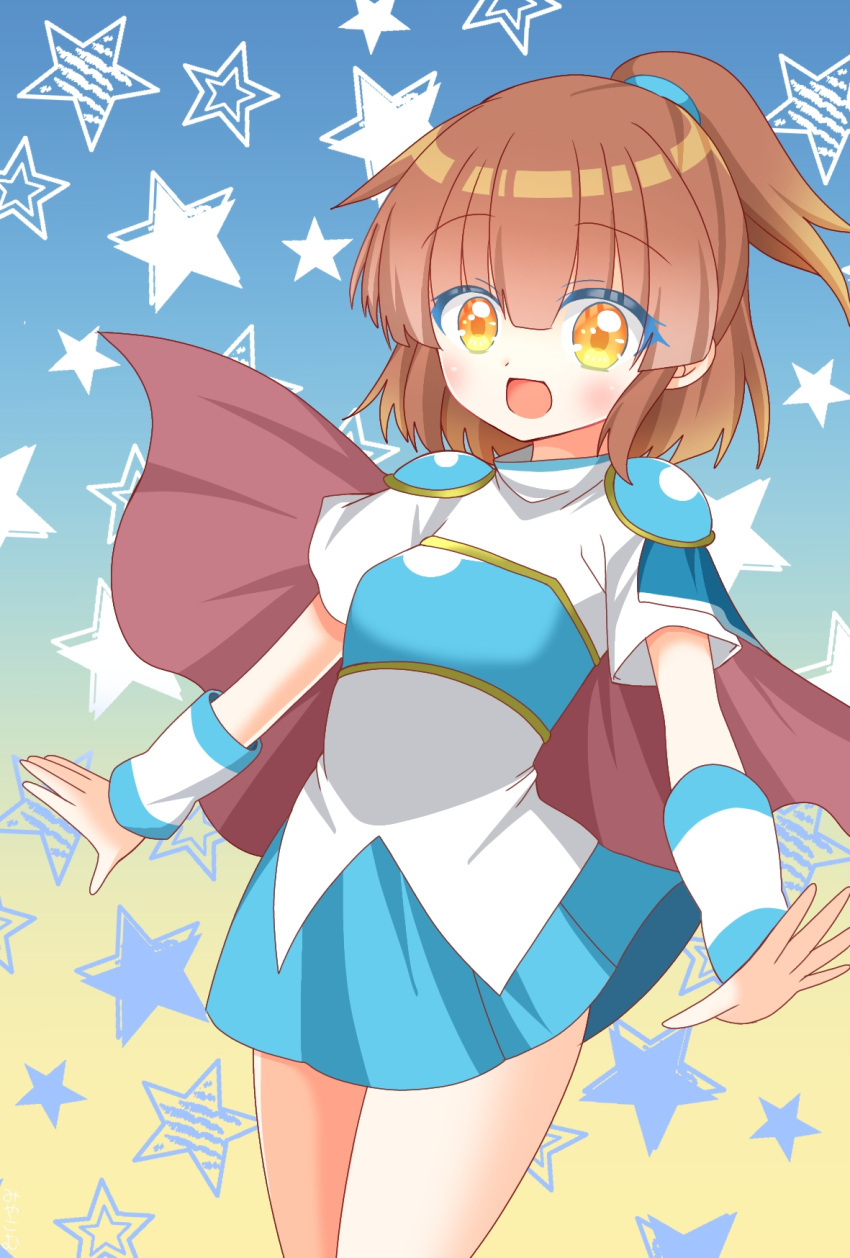 1girl, arle_nadja, armor, blue_skirt, blush, breastplate, brown_hair, cape