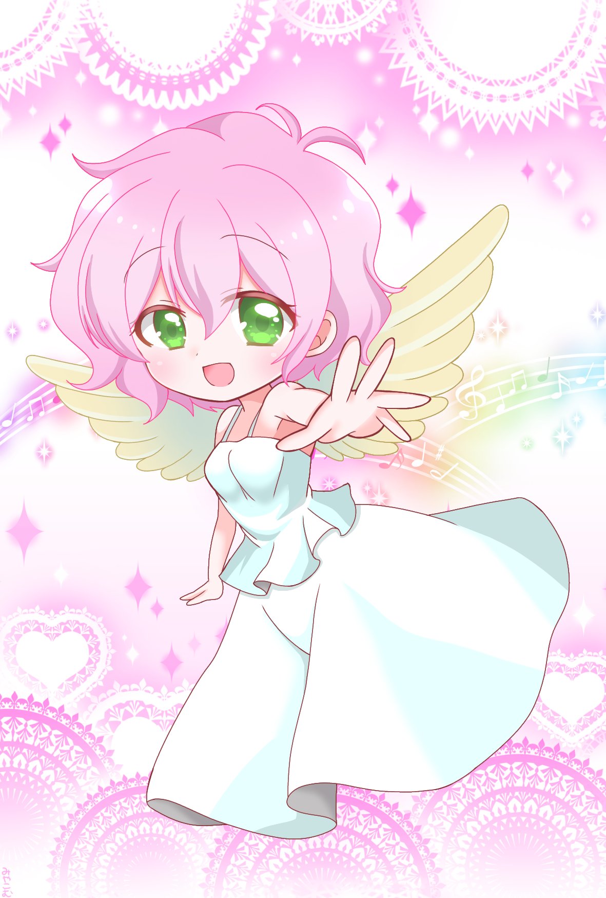 1girl, angel, angel_wings, blush, chibi, dress, green_eyes, harpy_(puyopuyo)