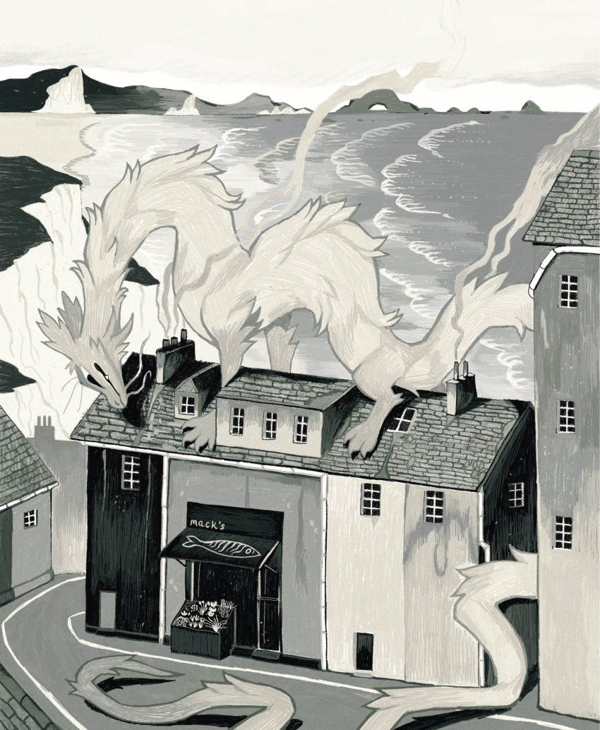 beach, building, cliff, dragon, eastern_dragon, eli_spencer, fluffy, greyscale, highres, horizon, monochrome, no_humans, original, outdoors, road, shadow, smoke