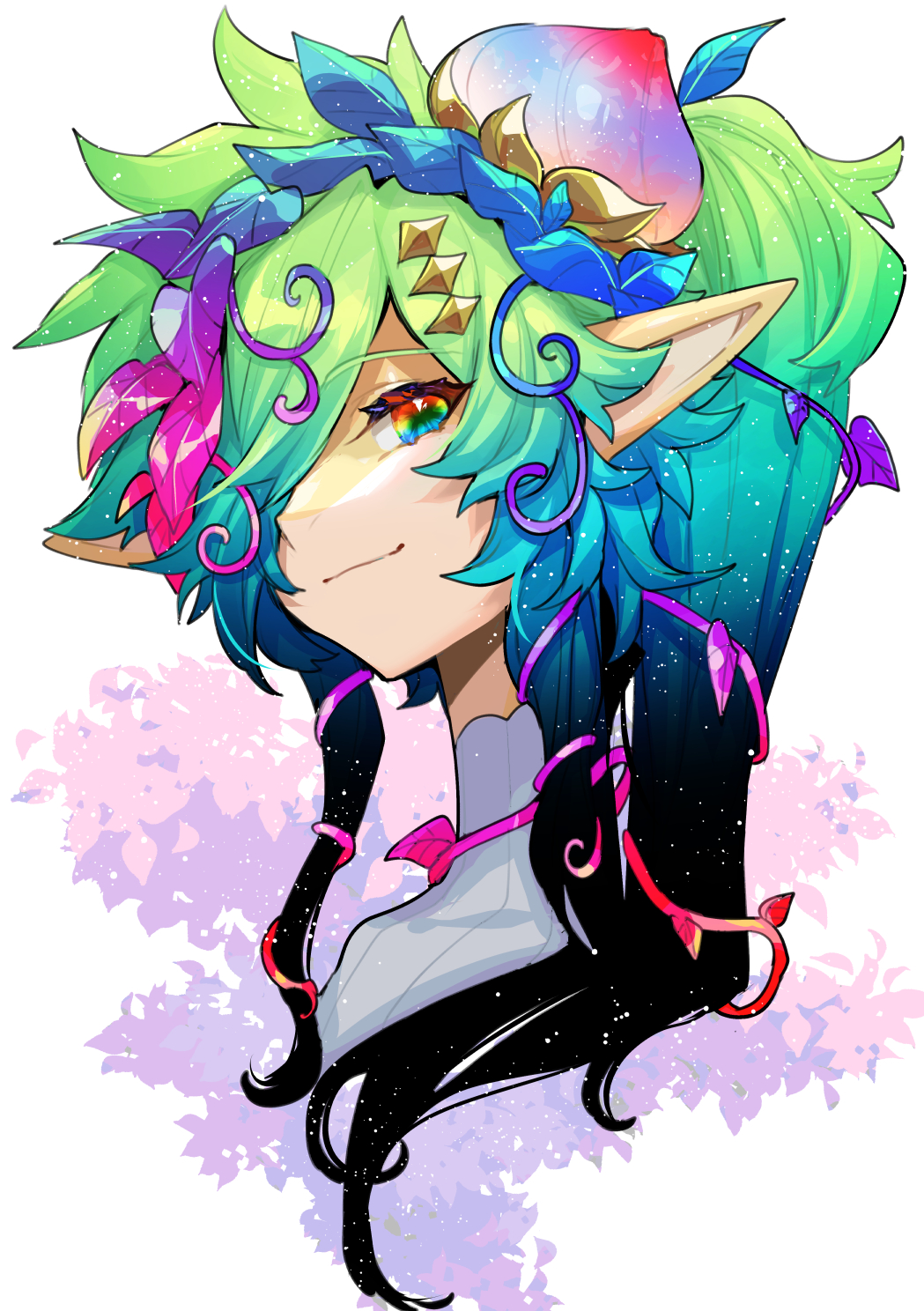 aqua_hair, colored_skin, gradient_hair, green_hair, hair_over_one_eye, high_ponytail, highres, leaf