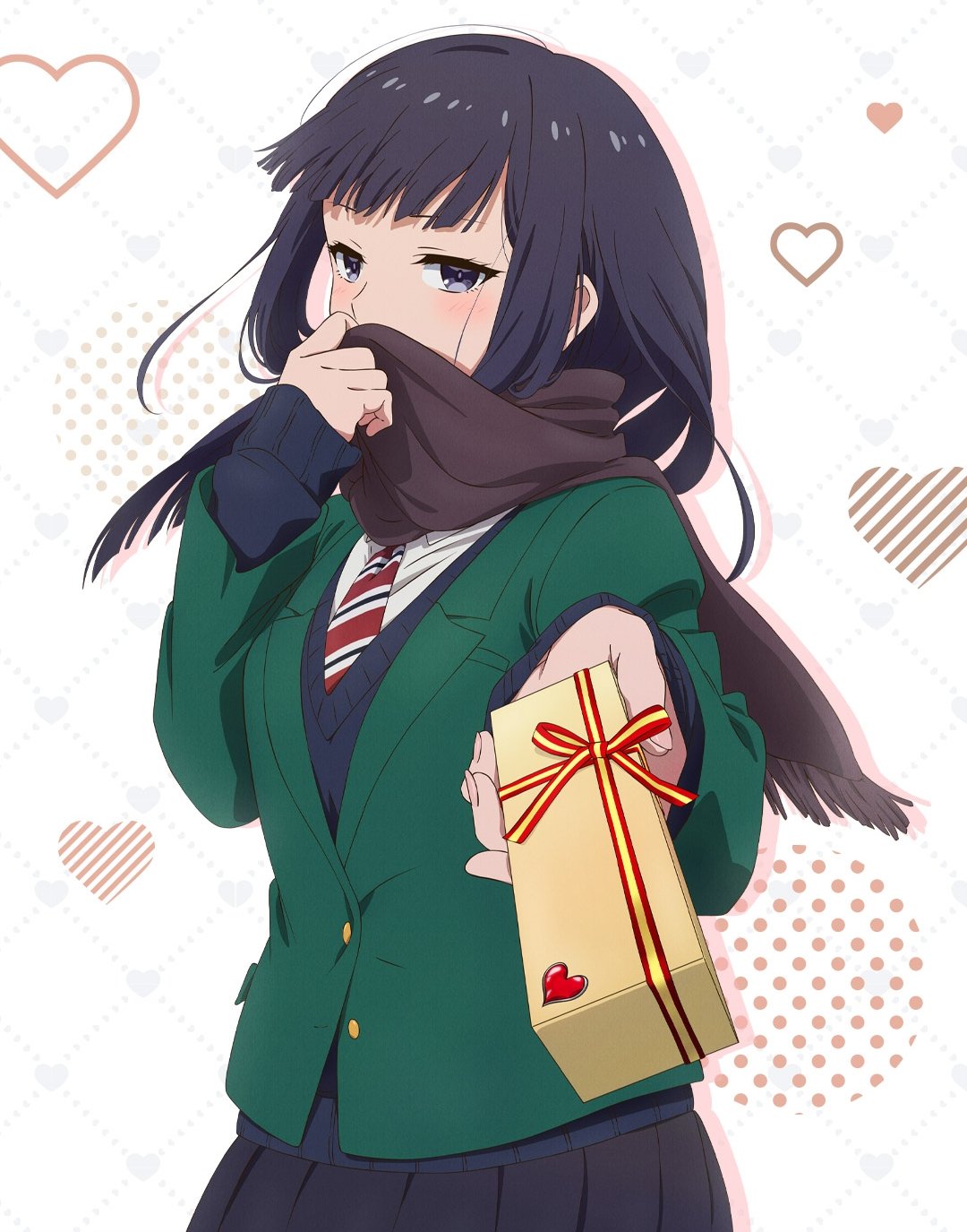 1girl, alternate_costume, alternate_hairstyle, black_eyes, black_hair, blunt_bangs, blush, box