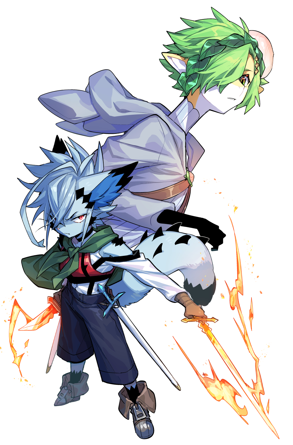 1boy, armor, bare_shoulders, black_gloves, blue_fur, blue_hair, breastplate, brown_footwear