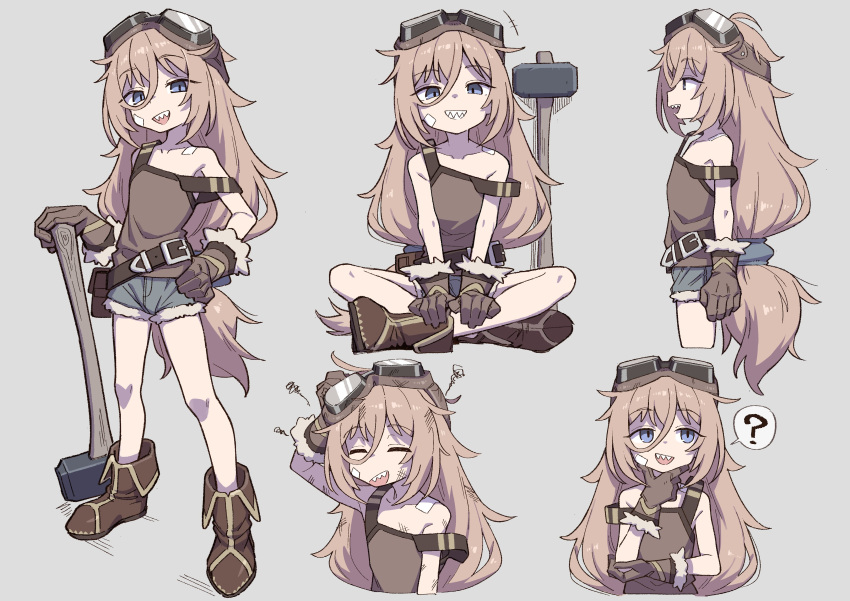 1girl, ?, absurdres, blue_eyes, blush, boots, brown_footwear, brown_gloves