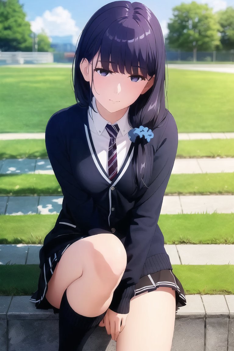 1girl, ai-generated, between_legs, black_eyes, black_hair, blue_scrunchie, blunt_bangs, blurry, blurry_background, cardigan, day, depth_of_field, field, glaring, grass, gundou_misuzu, hair_between_eyes, hair_ornament, hair_scrunchie, hand_between_legs, head_tilt, long_hair, long_sleeves, looking_at_viewer, necktie, outdoors, pleated_skirt, ponytail, school_uniform, scrunchie, shade, side_ponytail, sitting, skirt, smirk, socks, thighs, tomo-chan_wa_onna_no_ko, tree, tree_shade, tsumasaky