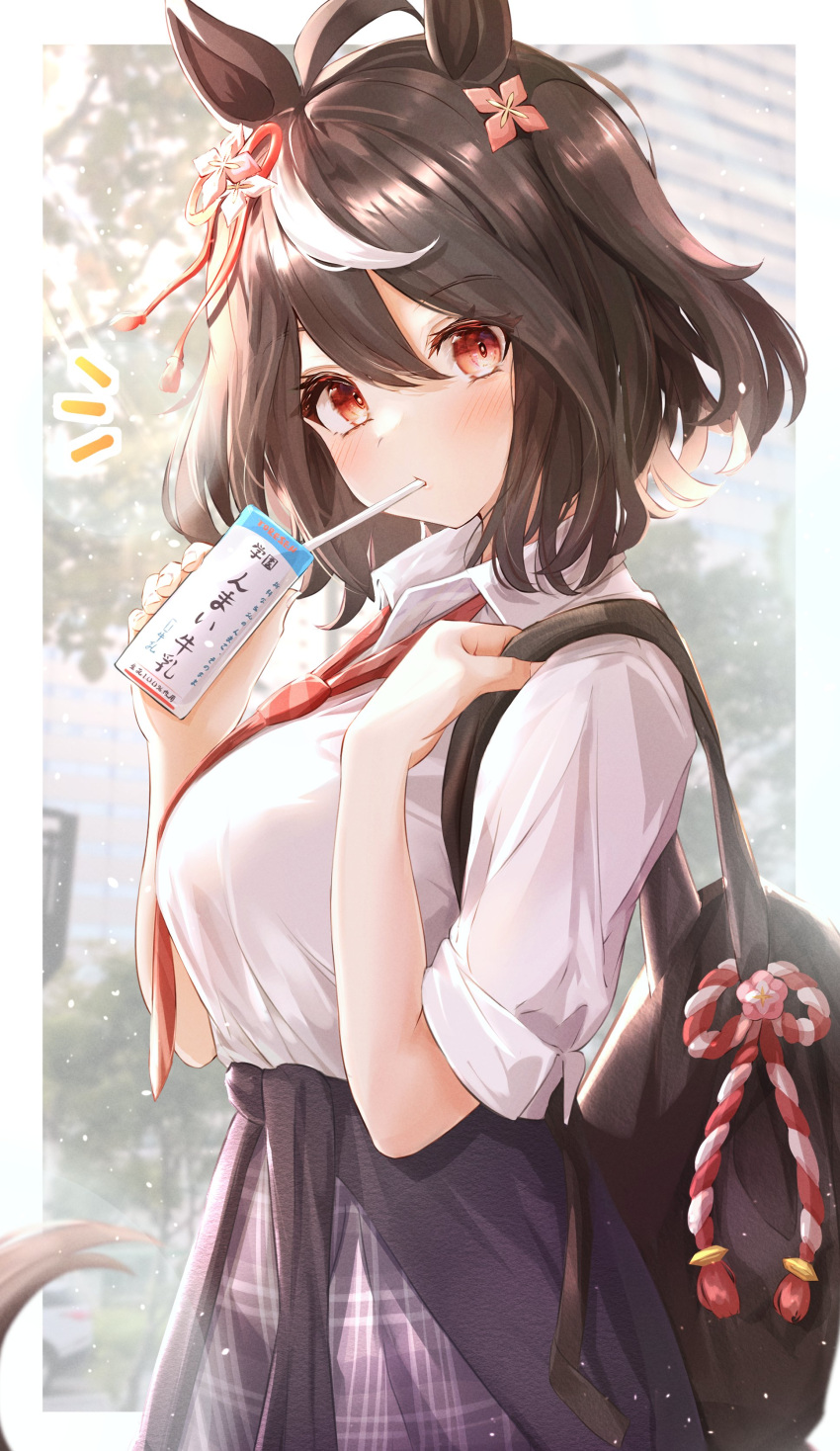 1girl, absurdres, animal_ears, black_hair, breasts, commentary_request, drinking, drinking_straw, ear_ornament, ear_ribbon, highres, horse_ears, horse_girl, horse_tail, kitasan_black_(umamusume), large_breasts, looking_at_viewer, medium_hair, multicolored_hair, plaid, plaid_skirt, red_eyes, school_uniform, shirt, skirt, sky_cappuccino, sleeves_rolled_up, solo, streaked_hair, tail, umamusume, white_hair, white_shirt