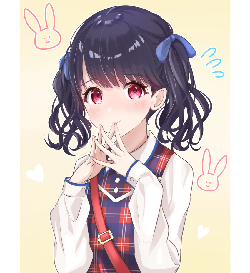1girl, bag, black_hair, blush, dot_nose, fangs, fidgeting, flying_sweatdrops, fukumaru_koito, heart, highres, idolmaster, idolmaster_shiny_colors, long_sleeves, looking_at_viewer, pink_eyes, plaid, plaid_vest, rabbit, ribbon, shirt, shoulder_bag, sky_cappuccino, solo, standing, twintails, vest, white_shirt, yellow_background