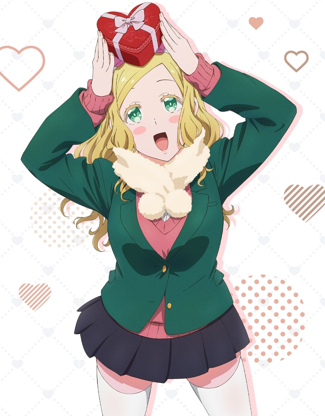 1girl, alternate_costume, arms_up, blonde_hair, blush, blush_stickers, box, breasts